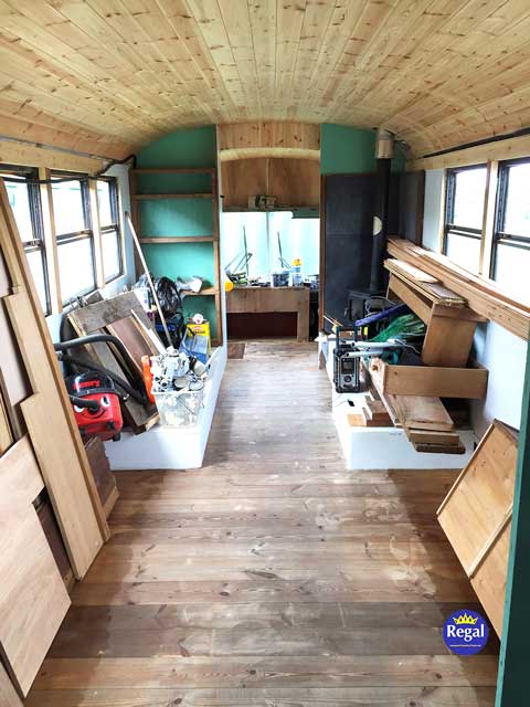 Bluebird Bus Interior Kitchen Before Alterations